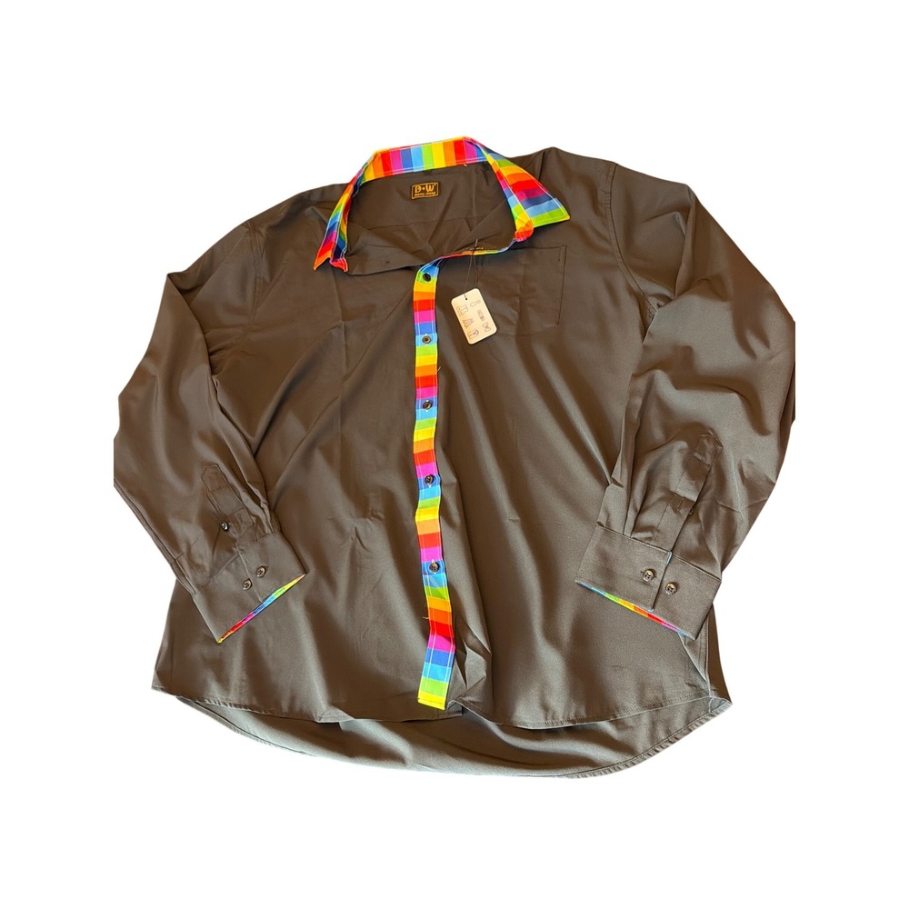 Barry Wang Button Down Shirt Black Rainbow Striped Collar Long Sleeve Modern‎